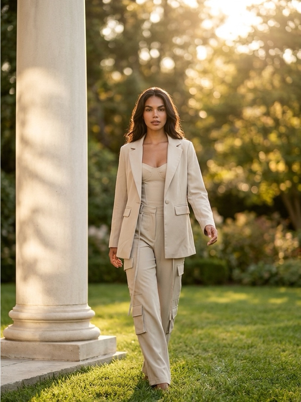 Light Beige Two-Piece Blazer and Cargo Pants Set